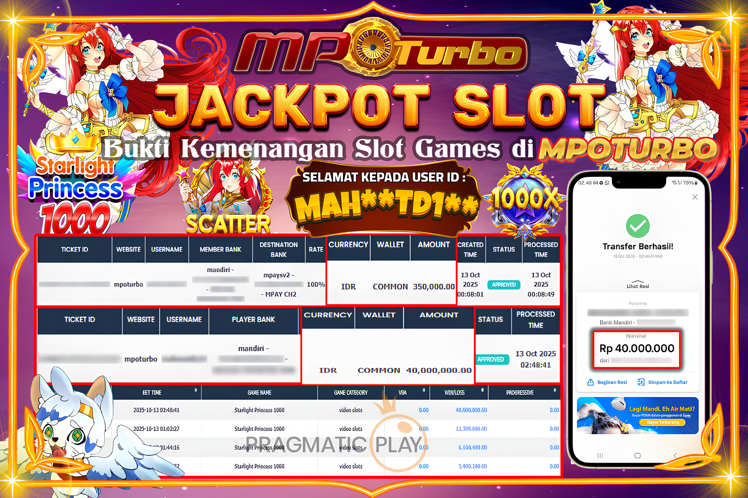 MPOTURBO JACKPOT SLOT STARLIGHT PRINCESS 1000 - PRAGMATIC PLAY Rp 40,000,000.00,- LUNAS